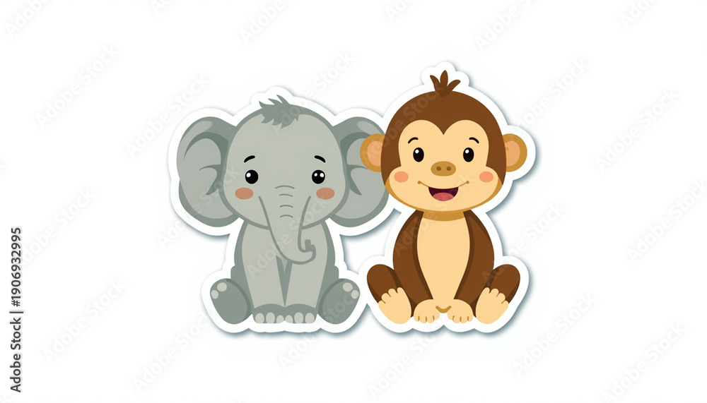 Obraz premium Adorable Duo: Playful illustration of a cheerful baby elephant and a delightful monkey, forming a heartwarming bond. This adorable scene embodies the essence of friendship and joy.