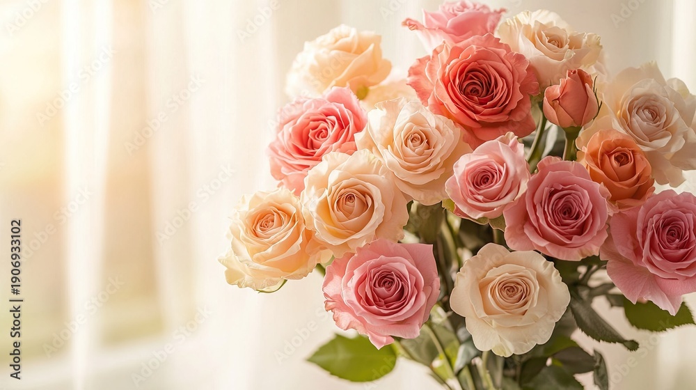 Obraz premium Beautiful Bouquet of Soft Pink and Peach Roses in Bright Natural Light Set Against a Light Drapery Background for Floral Decoration and Event Styling