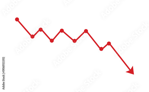 Red downward arrow line graph. Declining trend chart symbol. Financial loss analytics icon for business reports, economy and statistics design