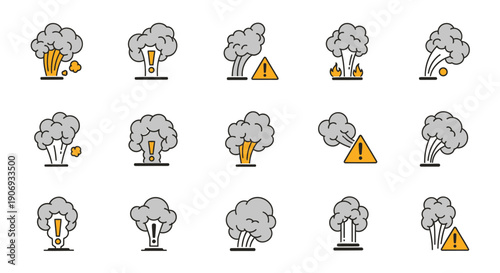 Volcanic eruption icons, warning signs with smoke and lava, vector illustrations for warning or danger concept, overlay effect for website or presentation
