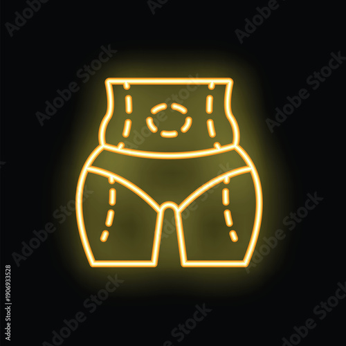 Yellow neon sign representing liposuction surgery with dotted lines on a woman body on a black background