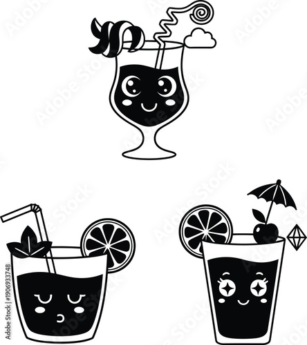 Set of three cute kawaii cocktail characters featuring happy faces and fruit garnishes in black and white silhouette style.