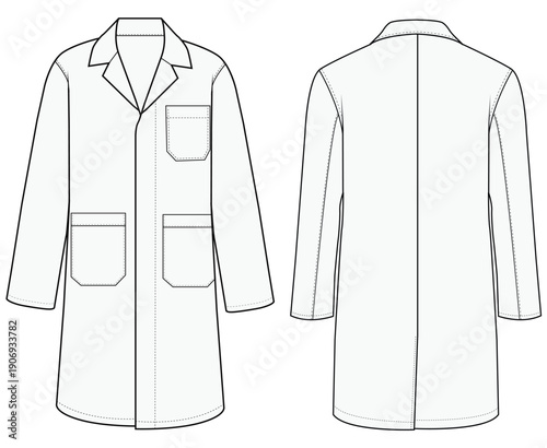 Men Long Lab Coat Front and Back View Technical Flat Vector Illustration