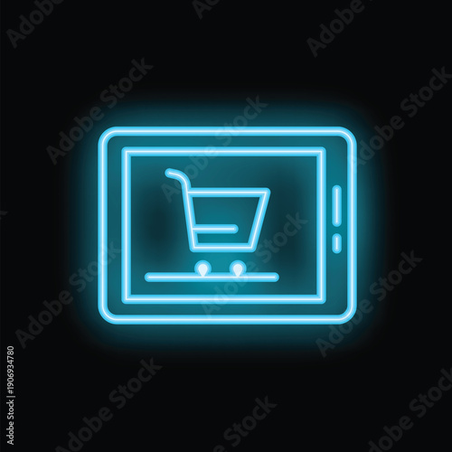 Neon blue shopping cart icon is displayed on a digital tablet screen against a dark background, symbolizing online shopping and e commerce
