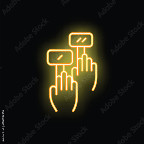 Neon sign representing hands holding voting cards, a great illustration for political concepts