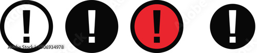 Black and red exclamation mark icons in circular warning signs, representing alert, caution, danger, and important information symbols for safety communication and user interface illustration