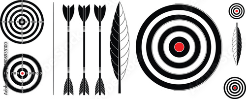 Archery graphic set featuring multiple scoring targets, arrows, and fletching designs in black and white, ideal for sports training, competition, and design projects.