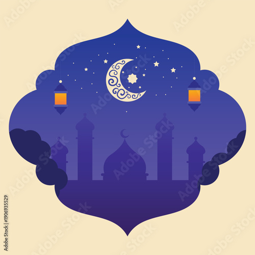 A beautiful and serene Islamic illustration featuring a dark blue mosque silhouette at night, set within an elegant ornamental frame against a soft cream background. 