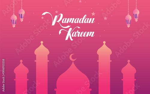 A professional Ramadan Kareem greeting banner featuring elegant white calligraphy on a vibrant pink and purple gradient background.
