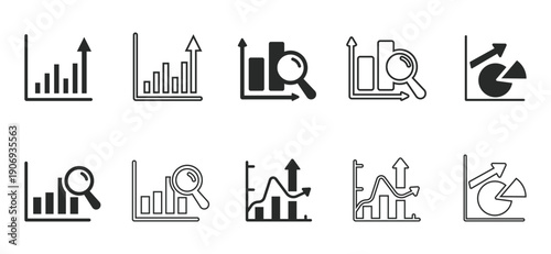 A set of modern business icons illustrating growth, analysis, and strategy for presentations and reports