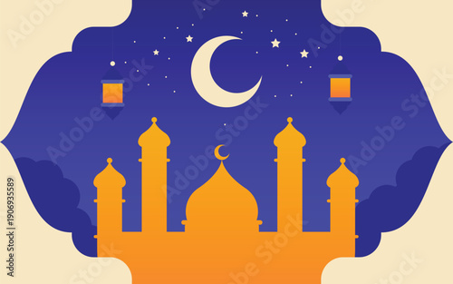 A vibrant and modern Islamic illustration featuring a bright orange mosque silhouette set against a deep blue night sky.