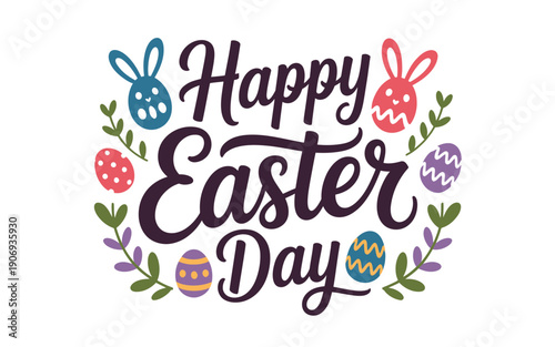 Happy easter day with colorful eggs and bunnies