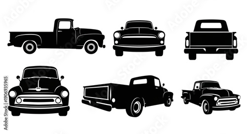 Collection of Vintage Pickup Truck Silhouettes in Various Views.