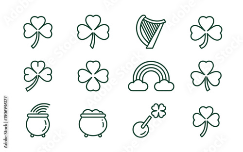 St patricks day icons including shamrocks and pot of gold