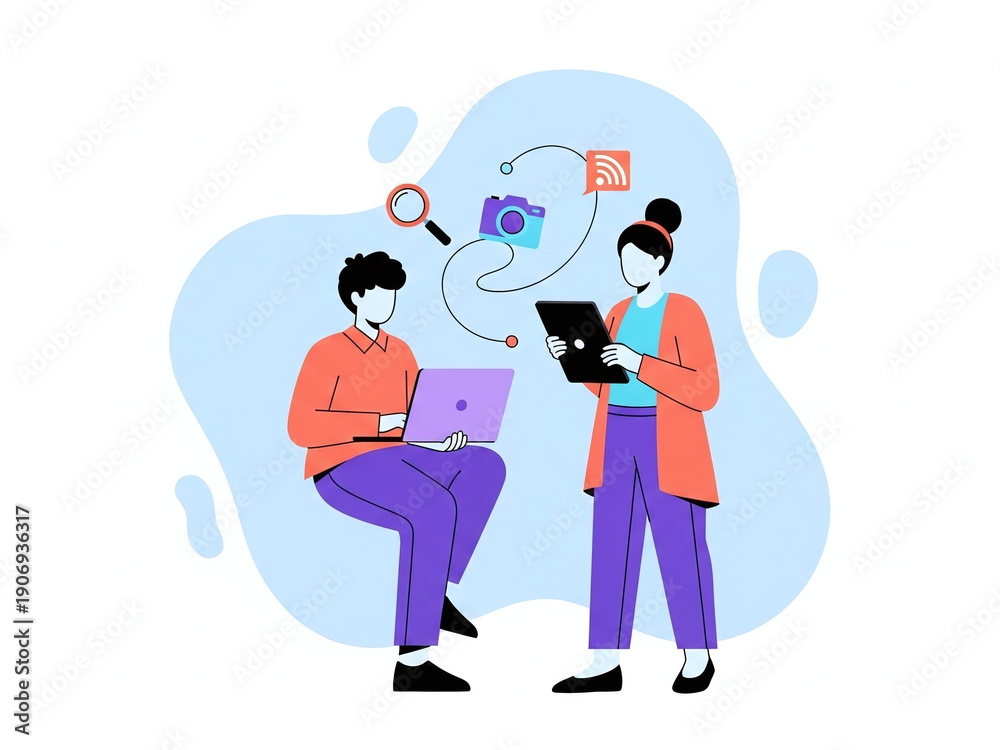 Obraz premium Two people working on laptops with social media and camera icons floating above them in a blue abstract shape