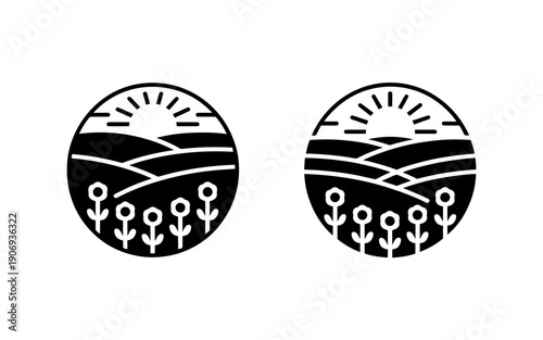A pair of circular icons depicting a sunrise over a field of flowers