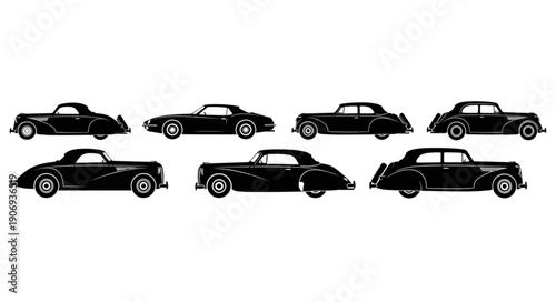 Collection of Vintage Cars Silhouettes Isolated on White Background.