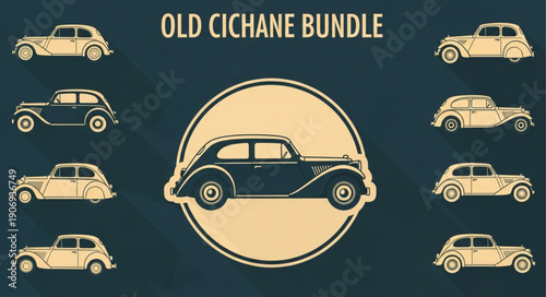 Collection of vintage classic cars in retro style.