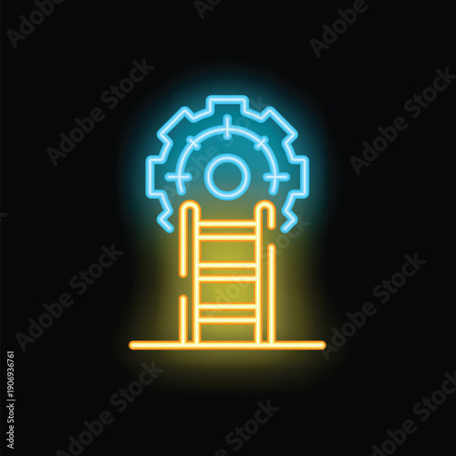 Neon sign illustrating the concept of career progression with a ladder leading to a gear