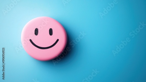 A pink smiley face on a blue background. The concept of positivity and happiness. The image emphasizes the cheerful and cheerful nature of the smiley face.