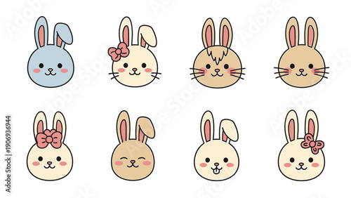 A group of cute cartoon bunny faces with different expressions and accessories