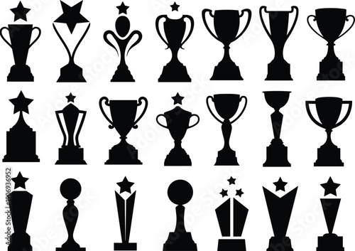 Award Trophy Silhouettes Collection Featuring Championship Cups Star Prizes and Victory Symbols Isolated on White Background Achievement Icon Set