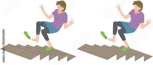 階段で滑って落下しそうなシニア女性イラスト