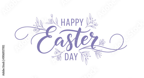 A happy easter day message with purple text and floral designs