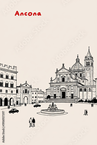 Ancona, Italy Pen Line Art Illustration of City Landmark and Travel Scene