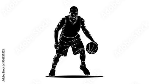 A black and white silhouette of a basketball player in action