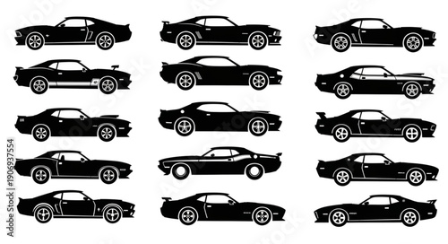 Collection of vintage muscle car silhouettes in black and white.