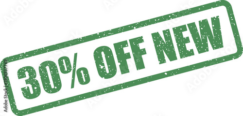 Distressed rectangular rubber stamp graphic showcasing a thirty percent discount on a new arrival product