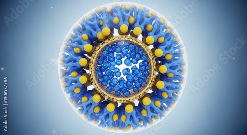 Core Composition Blue Core with Molecule Spheres in Light Blue Background.