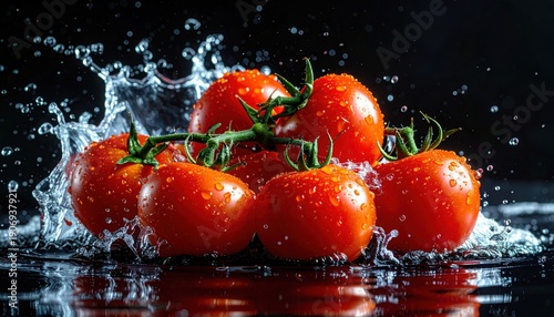 Group of organic red tomatoes on vine with large water splash and droplets against dark background highlighting freshness