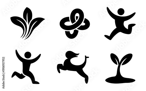 A group of black silhouettes of people and plants