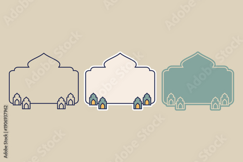 Islamic background with basic mosque shapes in three different styles. Islamic themed frame for greeting text and decoration. Ramadan theme, vector illustration.