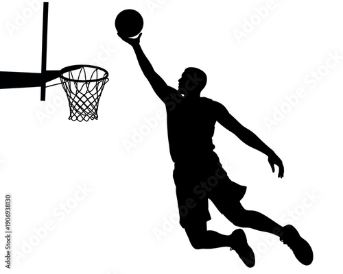 A silhouette of a basketball player dunking a ball into a hoop