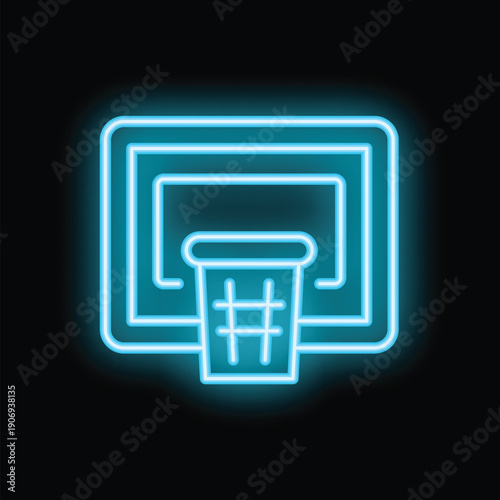 Neon blue glowing basketball hoop on a black background