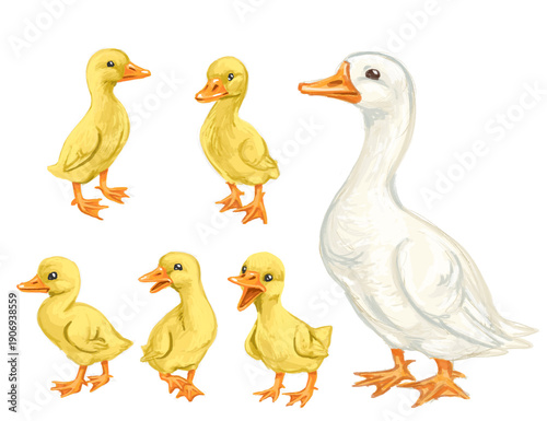 Hand drawn goose and five goslings isolated on white background