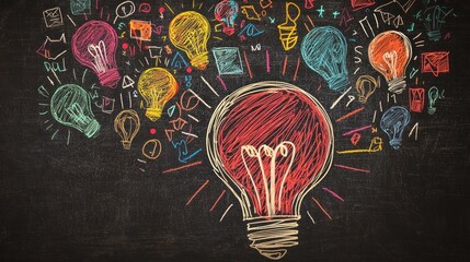 A colorful chalkboard with various light bulb drawings and doodles.