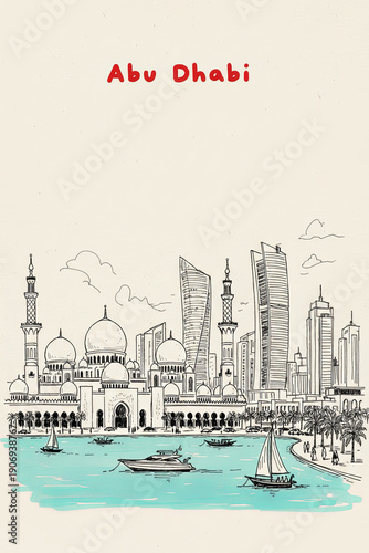 Abu Dhabi, United Arab Emirates Pen Line Art Illustration of City Landmark and Travel Scene