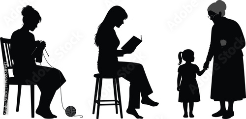 female hiker silhouettes with backpacks and trekking poles climbing rocky terrain, woman mountain climber pointing at peak isolated on white background