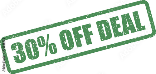Distressed rectangular seal displaying a thirty percent price cut message indicating a special limited time transaction