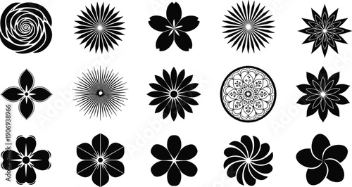 Black and white floral pattern grid with 15 unique symmetrical designs, intricate mandala‑style motifs, decorative botanical illustration, ornamental art inspiration, and creative design elements