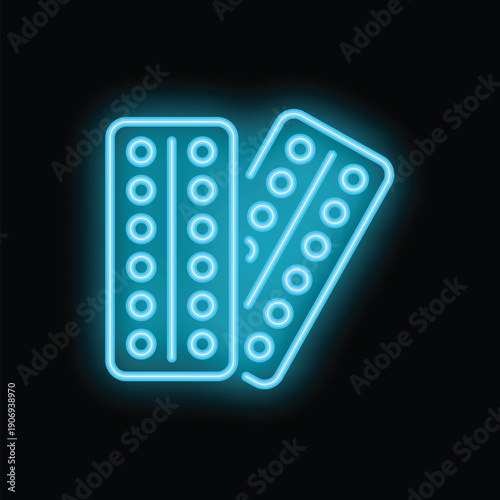 Blue neon sign depicting two blister packs full of pills, isolated on a black background