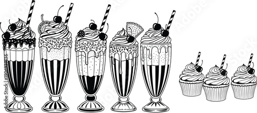 Black and white illustration of six ornate milkshakes and four decorated cupcakes with whipped cream, cherries, sprinkles, straws, and toppings for dessert menu design and stock art