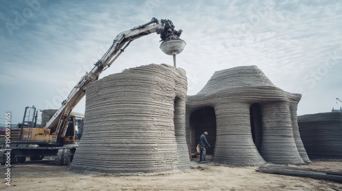 Wallpaper Mural Printer extruding concrete dome under sky, robotic arm building curved shelter, site engineer inspecting entrance, dusty site atmosphere, overcast light, pioneering construction technology mood Torontodigital.ca