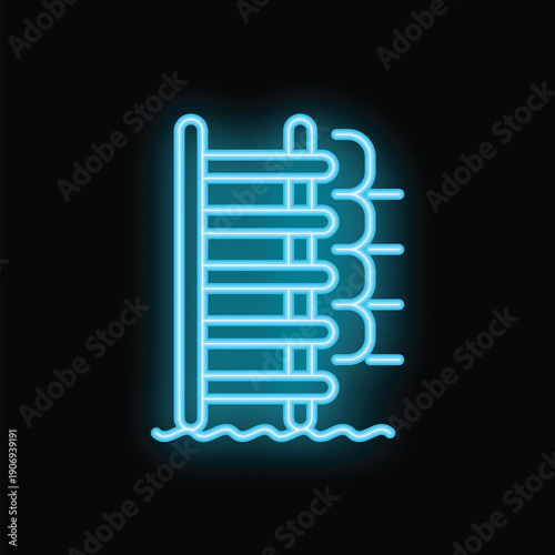 Neon blue swimming pool ladder icon glowing on black background