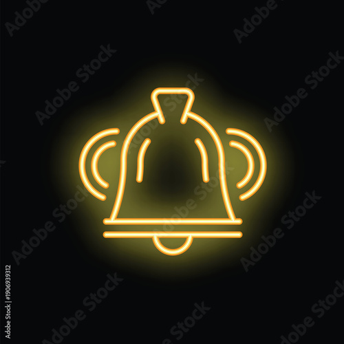 Yellow neon bell icon ringing on a black background, perfect for grabbing attention