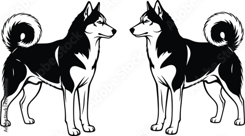 Black and white vector illustration of two Siberian Husky dogs standing and facing each other, perfect for pet logos, animal branding, and canine breed graphics.